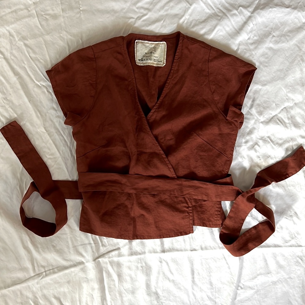 NotPERFECT Linen - Madrid wrap top - redwood brick red - M/L